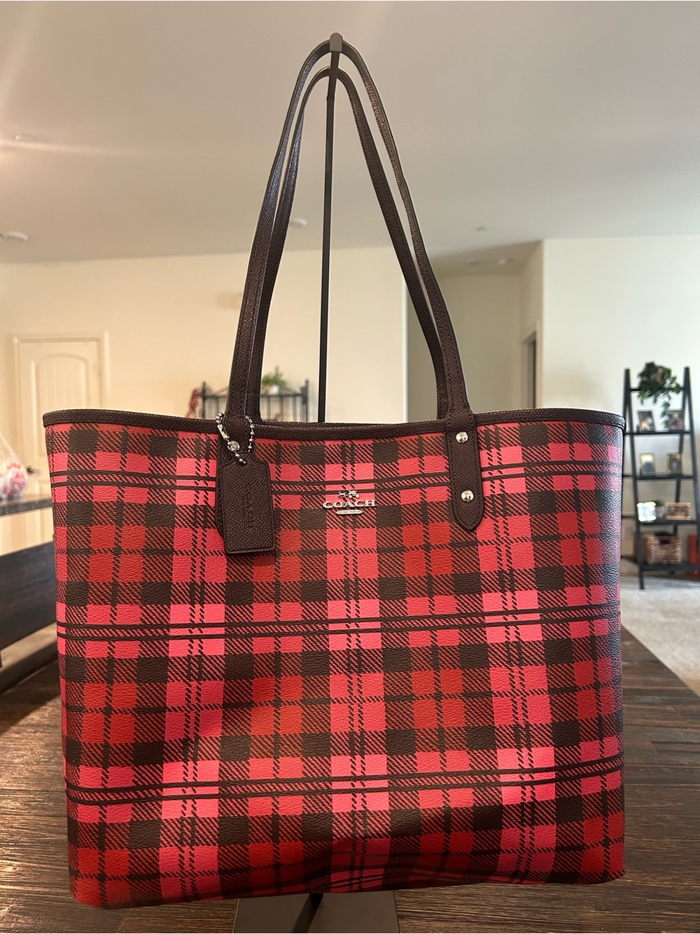 Coach Reversible Plaid City Tote. Brown,Pink and Red.